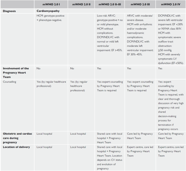 Modified WHO 2.0 classification of maternal cardiovascular risk in cardiomyopathies. Extracted and modified from 2025 ESC Guidelines for the management of cardiovascular disease in pregnancy. De Backer et al. 2025
